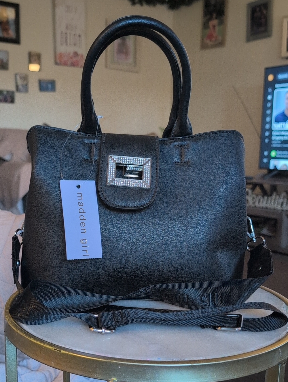 Madden Girl Black Faux Leather Satchel with Crystal Buckle and Strap